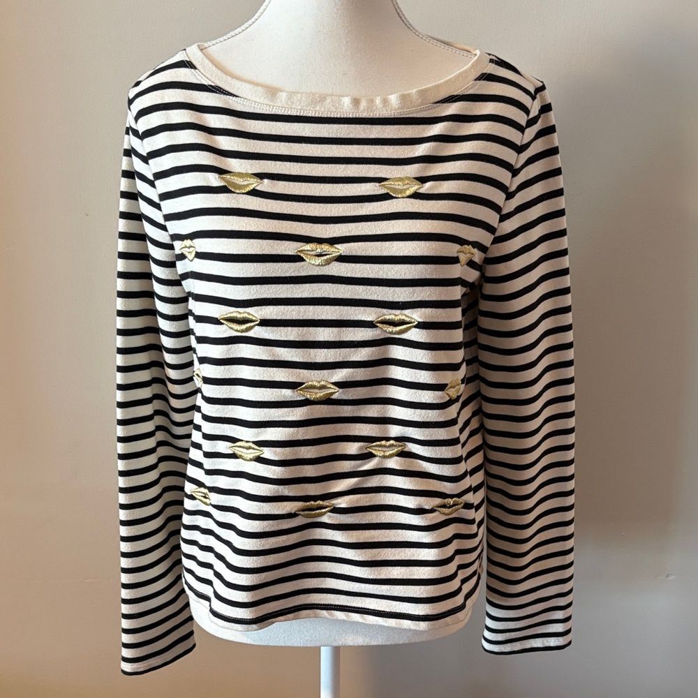 Betsy Johnson Striped Black and White Long Sleeve Sweater with Gold Lips. Sz M